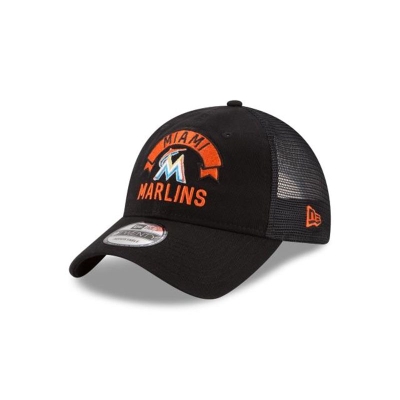 Black Miami Marlins Hat - New Era MLB Stacked Classic 9TWENTY Adjustable Caps USA0629184